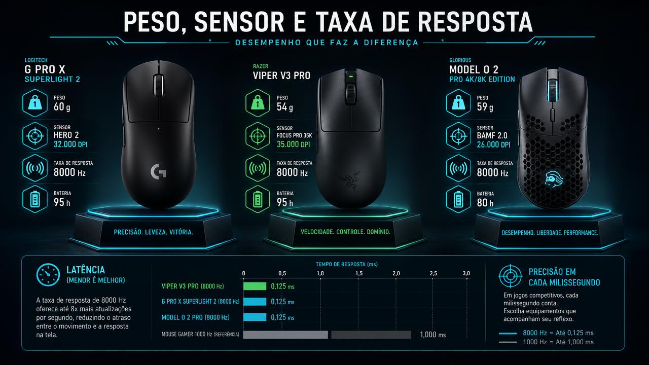 Comparativo de três mouses gamer sem fio premium com peso, sensor, taxa de resposta e autonomia lado a lado