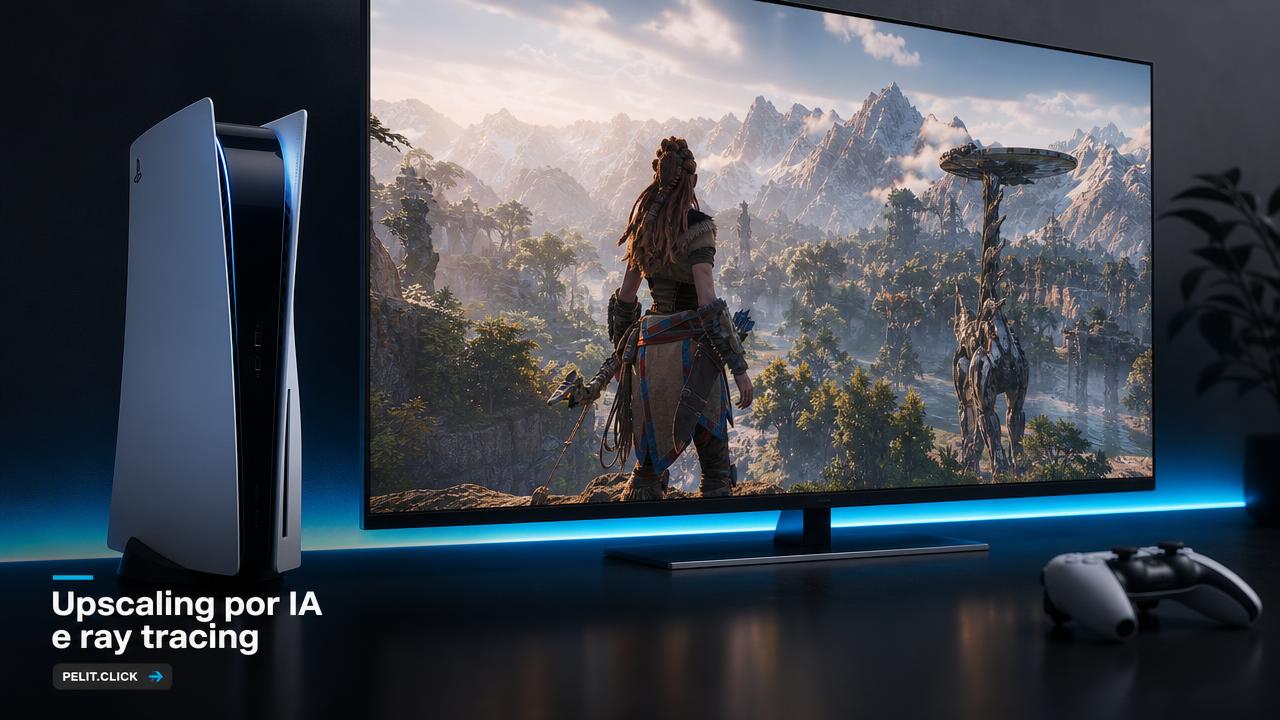 Console de última geração conectado a uma TV 4K exibindo um jogo AAA com ray tracing ativo